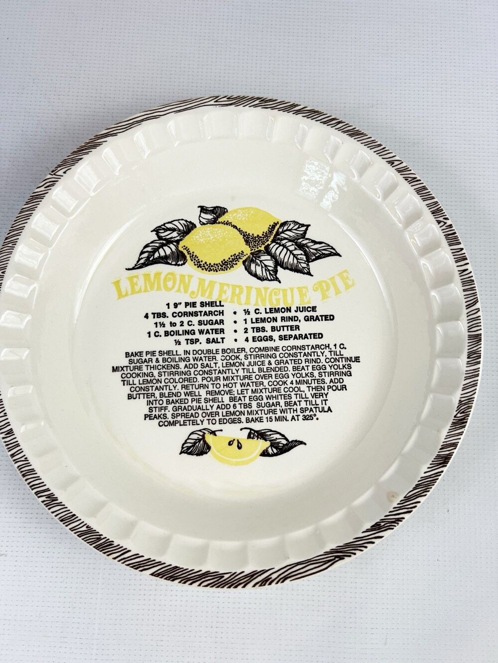 Lemon Meringue Pie Plate – Printed Recipe Ceramic Pie Dish USA – 11”x2" Vintage